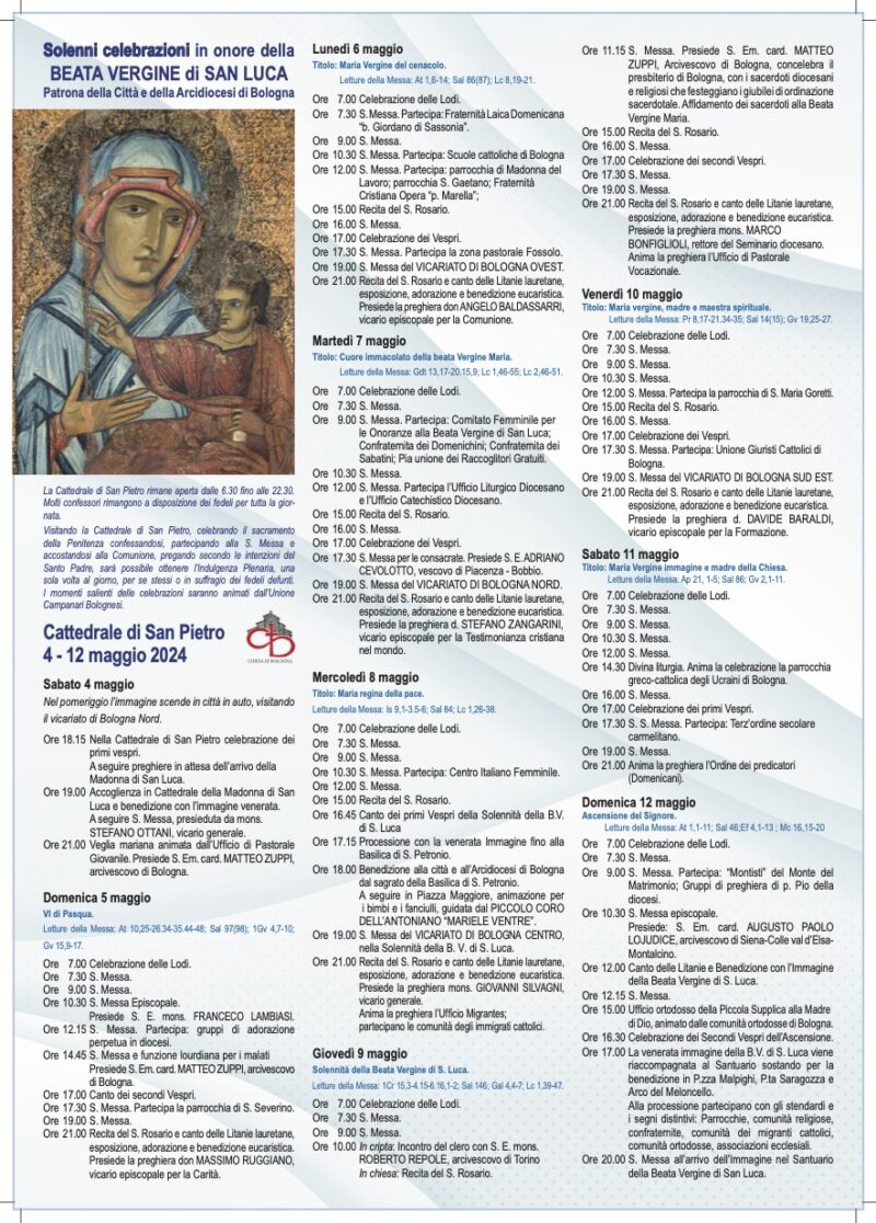 Programma della discesa della Madonna di San Luca a Bologna - 2024